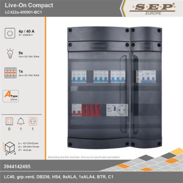 SEP Europe - Live-On Compact, LC422a-400901-BC1, 40A, 3-fase groepenkast, 9-lichtgroepen, 1-krachtgroepen, 1-beltrafo,  1V-contactdoos, technische gegevens