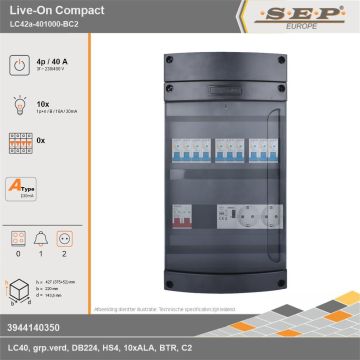 SEP Europe - Live-On Compact, LC42a-401000-BC2, 40A, 3-fase groepenkast, 10-lichtgroepen, 1-beltrafo,  2V-contactdoos, technische gegevens