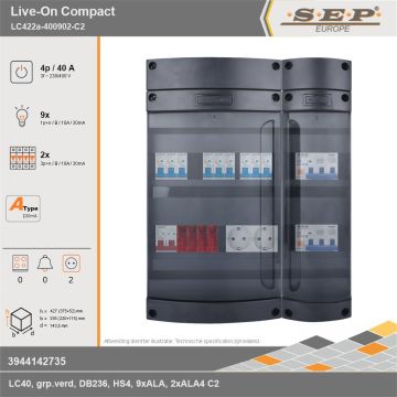 SEP Europe - Live-On Compact, LC422a-400902-C2, 40A, 3-fase groepenkast, 9-lichtgroepen, 2-krachtgroepen,  2V-contactdoos, technische gegevens