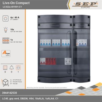 SEP Europe - Live-On Compact, LC422a-401001-C1, 40A, 3-fase groepenkast, 10-lichtgroepen, 1-krachtgroepen,  1V-contactdoos, technische gegevens