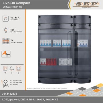 SEP Europe - Live-On Compact, LC422a-401001-C2, 40A, 3-fase groepenkast, 10-lichtgroepen, 1-krachtgroepen,  2V-contactdoos, technische gegevens