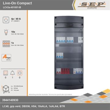 SEP Europe - Live-On Compact, LC43a-401001-B, 40A, 3-fase groepenkast, 10-lichtgroepen, 1-krachtgroepen, 1-beltrafo, technische gegevens