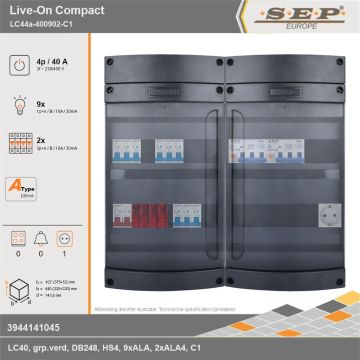 SEP Europe - Live-On Compact, LC44a-400902-C1, 40A, 3-fase groepenkast, 9-lichtgroepen, 2-krachtgroepen,  1V-contactdoos, technische gegevens