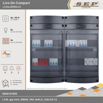 SEP Europe - Live-On Compact, LC44a-400902-C2, 40A, 3-fase groepenkast, 9-lichtgroepen, 2-krachtgroepen,  2V-contactdoos, technische gegevens