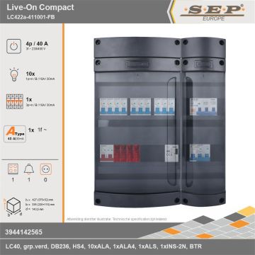 SEP Europe - Live-On Compact, LC422a-411001-FB, 40A, 3-fase groepenkast, 10-lichtgroepen, 1-krachtgroepen, 1-fornuisgroep, 1-beltrafo, technische gegevens
