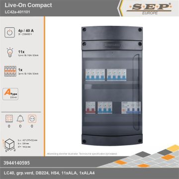 SEP Europe - Live-On Compact, LC42a-401101, 40A, 3-fase groepenkast, 11-lichtgroepen, 1-krachtgroepen, technische gegevens