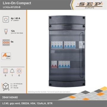 SEP Europe - Live-On Compact, LC42a-401200-B, 40A, 3-fase groepenkast, 12-lichtgroepen, 1-beltrafo, technische gegevens