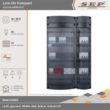 SEP Europe - Live-On Compact, LC433a-400903-C2, 40A, 3-fase groepenkast, 9-lichtgroepen, 3-krachtgroepen,  2V-contactdoos, technische gegevens