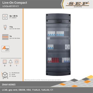 SEP Europe - Live-On Compact, LC43a-401101-C1, 40A, 3-fase groepenkast, 11-lichtgroepen, 1-krachtgroepen,  1V-contactdoos, technische gegevens