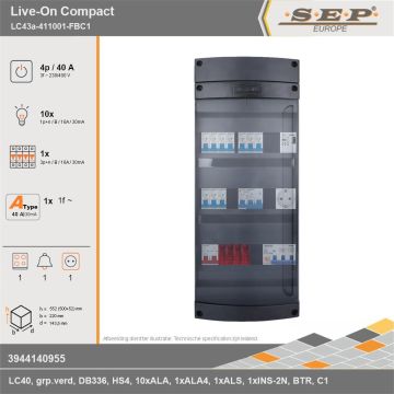 SEP Europe - Live-On Compact, LC43a-411001-FBC1, 40A, 3-fase groepenkast, 10-lichtgroepen, 1-krachtgroepen, 1-fornuisgroep, 1-beltrafo,  1V-contactdoos, technische gegevens