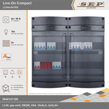SEP Europe - Live-On Compact, LC44a-401002, 40A, 3-fase groepenkast, 10-lichtgroepen, 2-krachtgroepen, technische gegevens