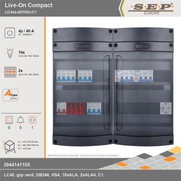SEP Europe - Live-On Compact, LC44a-401002-C1, 40A, 3-fase groepenkast, 10-lichtgroepen, 2-krachtgroepen,  1V-contactdoos, technische gegevens