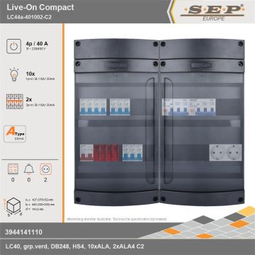 SEP Europe - Live-On Compact, LC44a-401002-C2, 40A, 3-fase groepenkast, 10-lichtgroepen, 2-krachtgroepen,  2V-contactdoos, technische gegevens