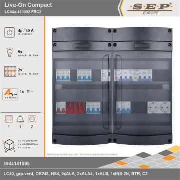 SEP Europe - Live-On Compact, LC44a-410902-FBC2, 40A, 3-fase groepenkast, 9-lichtgroepen, 2-krachtgroepen, 1-fornuisgroep, 1-beltrafo,  2V-contactdoos, technische gegevens
