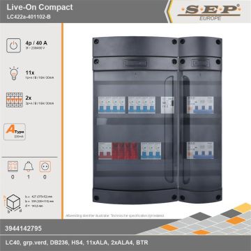 SEP Europe - Live-On Compact, LC422a-401102-B, 40A, 3-fase groepenkast, 11-lichtgroepen, 2-krachtgroepen, 1-beltrafo, technische gegevens