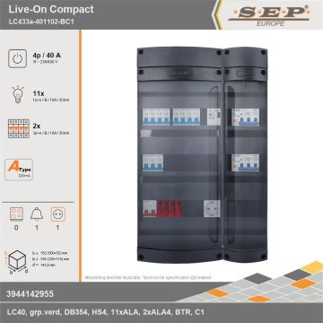 SEP Europe - Live-On Compact, LC433a-401102-BC1, 40A, 3-fase groepenkast, 11-lichtgroepen, 2-krachtgroepen, 1-beltrafo,  1V-contactdoos, technische gegevens