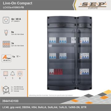 SEP Europe - Live-On Compact, LC433a-410903-FB, 40A, 3-fase groepenkast, 9-lichtgroepen, 3-krachtgroepen, 1-fornuisgroep, 1-beltrafo, technische gegevens