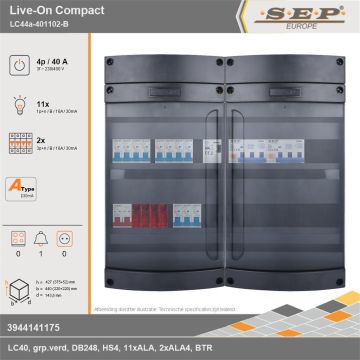 SEP Europe - Live-On Compact, LC44a-401102-B, 40A, 3-fase groepenkast, 11-lichtgroepen, 2-krachtgroepen, 1-beltrafo, technische gegevens