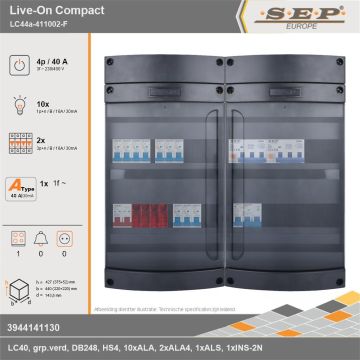 SEP Europe - Live-On Compact, LC44a-411002-F, 40A, 3-fase groepenkast, 10-lichtgroepen, 2-krachtgroepen, 1-fornuisgroep, technische gegevens
