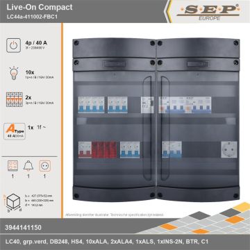 SEP Europe - Live-On Compact, LC44a-411002-FBC1, 40A, 3-fase groepenkast, 10-lichtgroepen, 2-krachtgroepen, 1-fornuisgroep, 1-beltrafo,  1V-contactdoos, technische gegevens