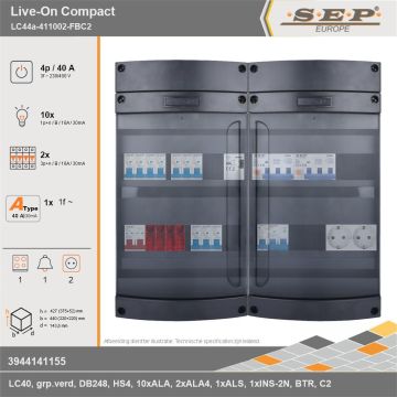 SEP Europe - Live-On Compact, LC44a-411002-FBC2, 40A, 3-fase groepenkast, 10-lichtgroepen, 2-krachtgroepen, 1-fornuisgroep, 1-beltrafo,  2V-contactdoos, technische gegevens