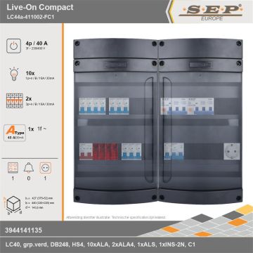 SEP Europe - Live-On Compact, LC44a-411002-FC1, 40A, 3-fase groepenkast, 10-lichtgroepen, 2-krachtgroepen, 1-fornuisgroep,  1V-contactdoos, technische gegevens