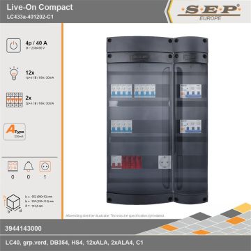 SEP Europe - Live-On Compact, LC433a-401202-C1, 40A, 3-fase groepenkast, 12-lichtgroepen, 2-krachtgroepen,  1V-contactdoos, technische gegevens