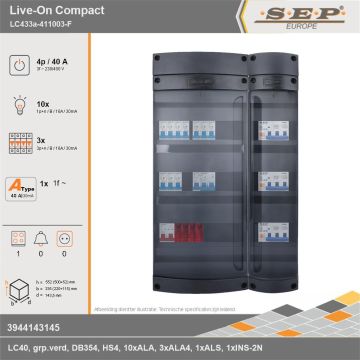 SEP Europe - Live-On Compact, LC433a-411003-F, 40A, 3-fase groepenkast, 10-lichtgroepen, 3-krachtgroepen, 1-fornuisgroep, technische gegevens