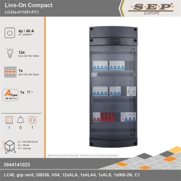 SEP Europe - Live-On Compact, LC43a-411201-FC1, 40A, 3-fase groepenkast, 12-lichtgroepen, 1-krachtgroepen, 1-fornuisgroep,  1V-contactdoos, technische gegevens