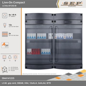SEP Europe - Live-On Compact, LC44a-401202-B, 40A, 3-fase groepenkast, 12-lichtgroepen, 2-krachtgroepen, 1-beltrafo, technische gegevens
