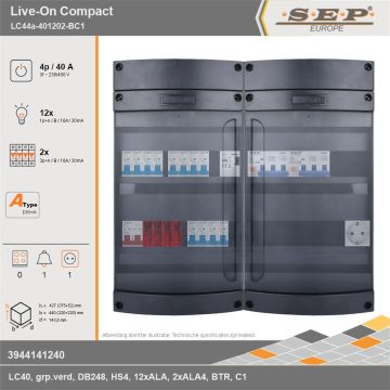 SEP Europe - Live-On Compact, LC44a-401202-BC1, 40A, 3-fase groepenkast, 12-lichtgroepen, 2-krachtgroepen, 1-beltrafo,  1V-contactdoos, technische gegevens