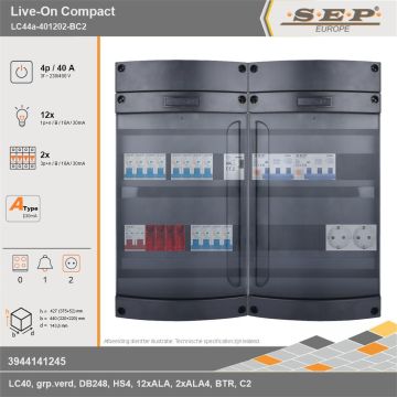 SEP Europe - Live-On Compact, LC44a-401202-BC2, 40A, 3-fase groepenkast, 12-lichtgroepen, 2-krachtgroepen, 1-beltrafo,  2V-contactdoos, technische gegevens