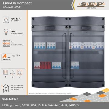 SEP Europe - Live-On Compact, LC44a-411003-F, 40A, 3-fase groepenkast, 10-lichtgroepen, 3-krachtgroepen, 1-fornuisgroep, technische gegevens