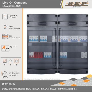 SEP Europe - Live-On Compact, LC44a-411003-FBC1, 40A, 3-fase groepenkast, 10-lichtgroepen, 3-krachtgroepen, 1-fornuisgroep, 1-beltrafo,  1V-contactdoos, technische gegevens