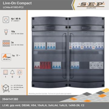 SEP Europe - Live-On Compact, LC44a-411003-FC2, 40A, 3-fase groepenkast, 10-lichtgroepen, 3-krachtgroepen, 1-fornuisgroep,  2V-contactdoos, technische gegevens