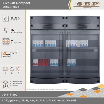 SEP Europe - Live-On Compact, LC44a-411102-F, 40A, 3-fase groepenkast, 11-lichtgroepen, 2-krachtgroepen, 1-fornuisgroep, technische gegevens