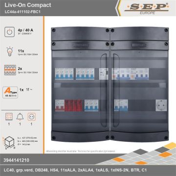 SEP Europe - Live-On Compact, LC44a-411102-FBC1, 40A, 3-fase groepenkast, 11-lichtgroepen, 2-krachtgroepen, 1-fornuisgroep, 1-beltrafo,  1V-contactdoos, technische gegevens