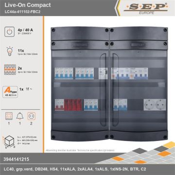 SEP Europe - Live-On Compact, LC44a-411102-FBC2, 40A, 3-fase groepenkast, 11-lichtgroepen, 2-krachtgroepen, 1-fornuisgroep, 1-beltrafo,  2V-contactdoos, technische gegevens