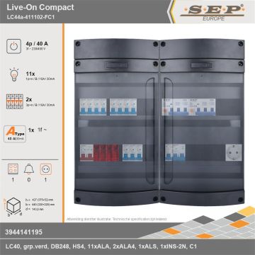 SEP Europe - Live-On Compact, LC44a-411102-FC1, 40A, 3-fase groepenkast, 11-lichtgroepen, 2-krachtgroepen, 1-fornuisgroep,  1V-contactdoos, technische gegevens