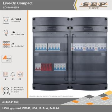 SEP Europe - Live-On Compact, LC44a-401203, 40A, 3-fase groepenkast, 12-lichtgroepen, 3-krachtgroepen, technische gegevens