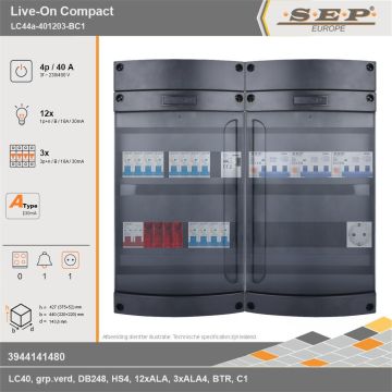 SEP Europe - Live-On Compact, LC44a-401203-BC1, 40A, 3-fase groepenkast, 12-lichtgroepen, 3-krachtgroepen, 1-beltrafo,  1V-contactdoos, technische gegevens