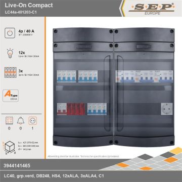 SEP Europe - Live-On Compact, LC44a-401203-C1, 40A, 3-fase groepenkast, 12-lichtgroepen, 3-krachtgroepen,  1V-contactdoos, technische gegevens