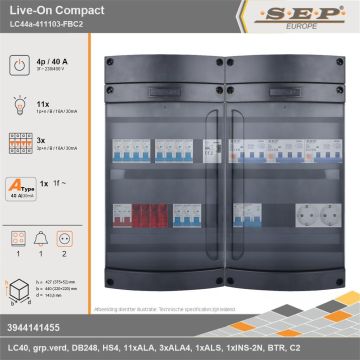 SEP Europe - Live-On Compact, LC44a-411103-FBC2, 40A, 3-fase groepenkast, 11-lichtgroepen, 3-krachtgroepen, 1-fornuisgroep, 1-beltrafo,  2V-contactdoos, technische gegevens