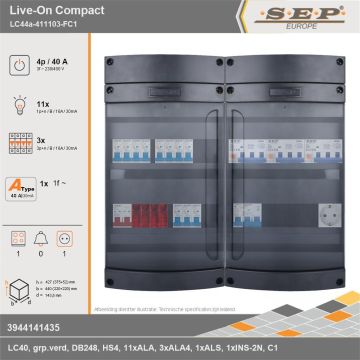 SEP Europe - Live-On Compact, LC44a-411103-FC1, 40A, 3-fase groepenkast, 11-lichtgroepen, 3-krachtgroepen, 1-fornuisgroep,  1V-contactdoos, technische gegevens