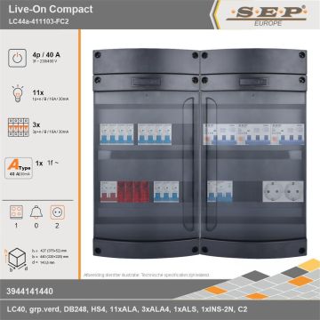 SEP Europe - Live-On Compact, LC44a-411103-FC2, 40A, 3-fase groepenkast, 11-lichtgroepen, 3-krachtgroepen, 1-fornuisgroep,  2V-contactdoos, technische gegevens