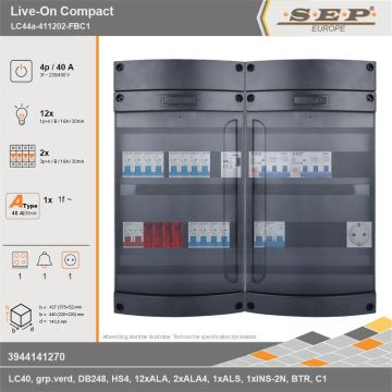 SEP Europe - Live-On Compact, LC44a-411202-FBC1, 40A, 3-fase groepenkast, 12-lichtgroepen, 2-krachtgroepen, 1-fornuisgroep, 1-beltrafo,  1V-contactdoos, technische gegevens