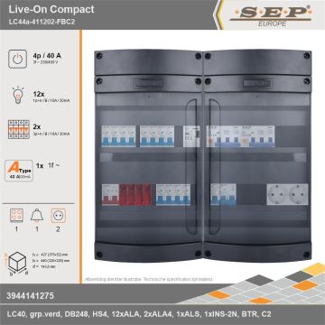 SEP Europe - Live-On Compact, LC44a-411202-FBC2, 40A, 3-fase groepenkast, 12-lichtgroepen, 2-krachtgroepen, 1-fornuisgroep, 1-beltrafo,  2V-contactdoos, technische gegevens