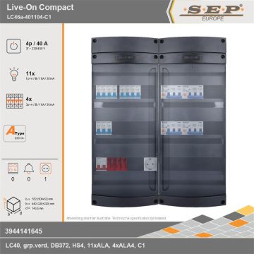 SEP Europe - Live-On Compact, LC46a-401104-C1, 40A, 3-fase groepenkast, 11-lichtgroepen, 4-krachtgroepen,  1V-contactdoos, technische gegevens