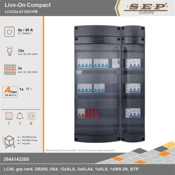 SEP Europe - Live-On Compact, LC433a-411203-FB, 40A, 3-fase groepenkast, 12-lichtgroepen, 3-krachtgroepen, 1-fornuisgroep, 1-beltrafo, technische gegevens