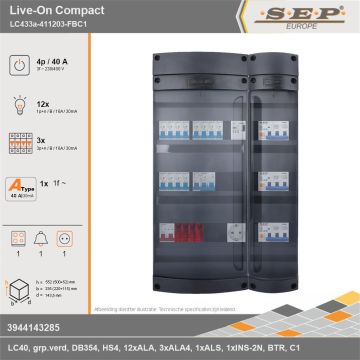 SEP Europe - Live-On Compact, LC433a-411203-FBC1, 40A, 3-fase groepenkast, 12-lichtgroepen, 3-krachtgroepen, 1-fornuisgroep, 1-beltrafo,  1V-contactdoos, technische gegevens